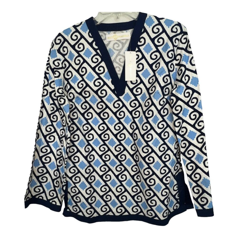 NWT Tracy Negoshian Tunic V-Neck Blue White 100% Cotton Small Preppy